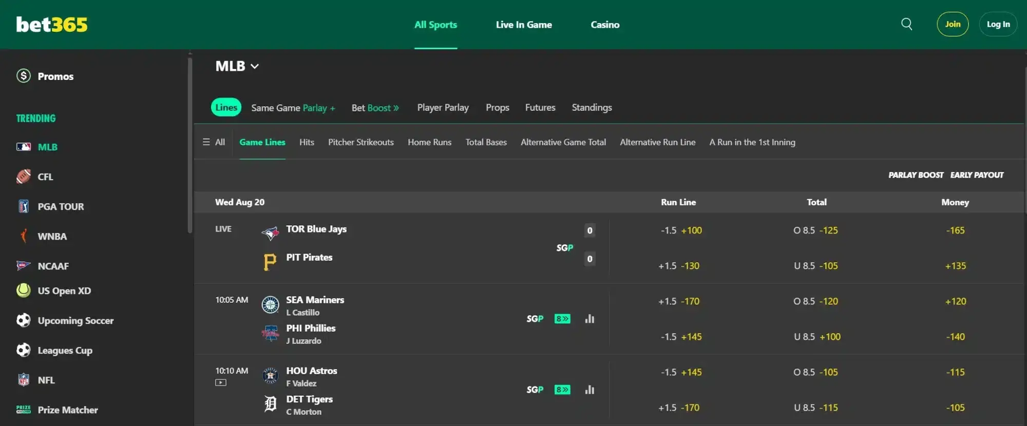 A screenshot of the desktop view of bet365's MLB odds