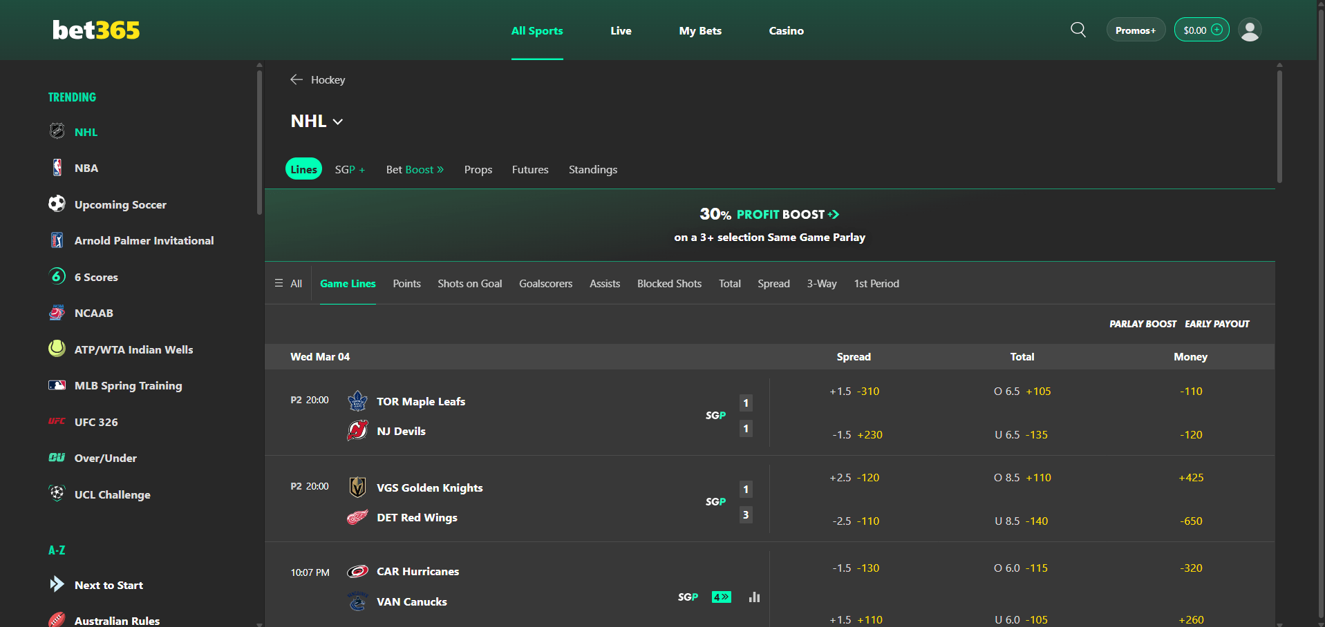 A desktop view screenshot of bet365's NHL betting page.