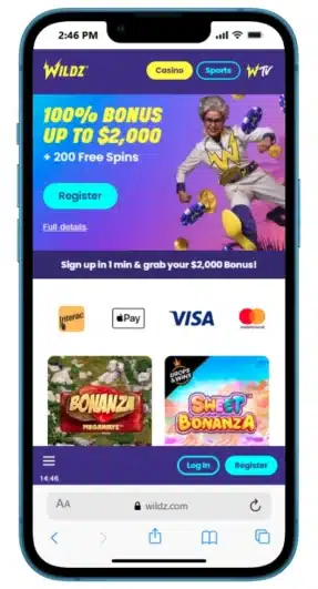 iOS screenshot of Wildz Casino Canada's mobile site's homepage.