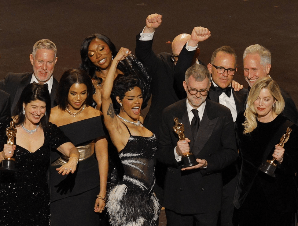 Cast of One Battle After Another accepting the Best Picture award at the 98th Academy Awards in Hollywood.