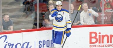 Buffalo Sabres center Tage Thompson (72) celebrates after scoring against the Chicago Blackhawks during the third period at United Center.