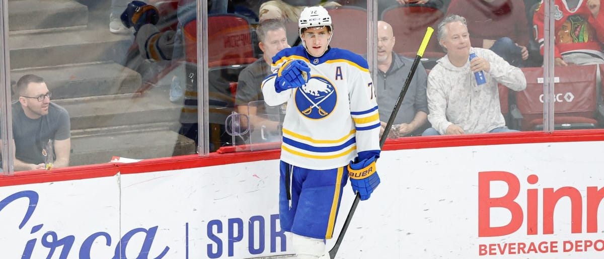 Buffalo Sabres center Tage Thompson (72) celebrates after scoring against the Chicago Blackhawks during the third period at United Center.