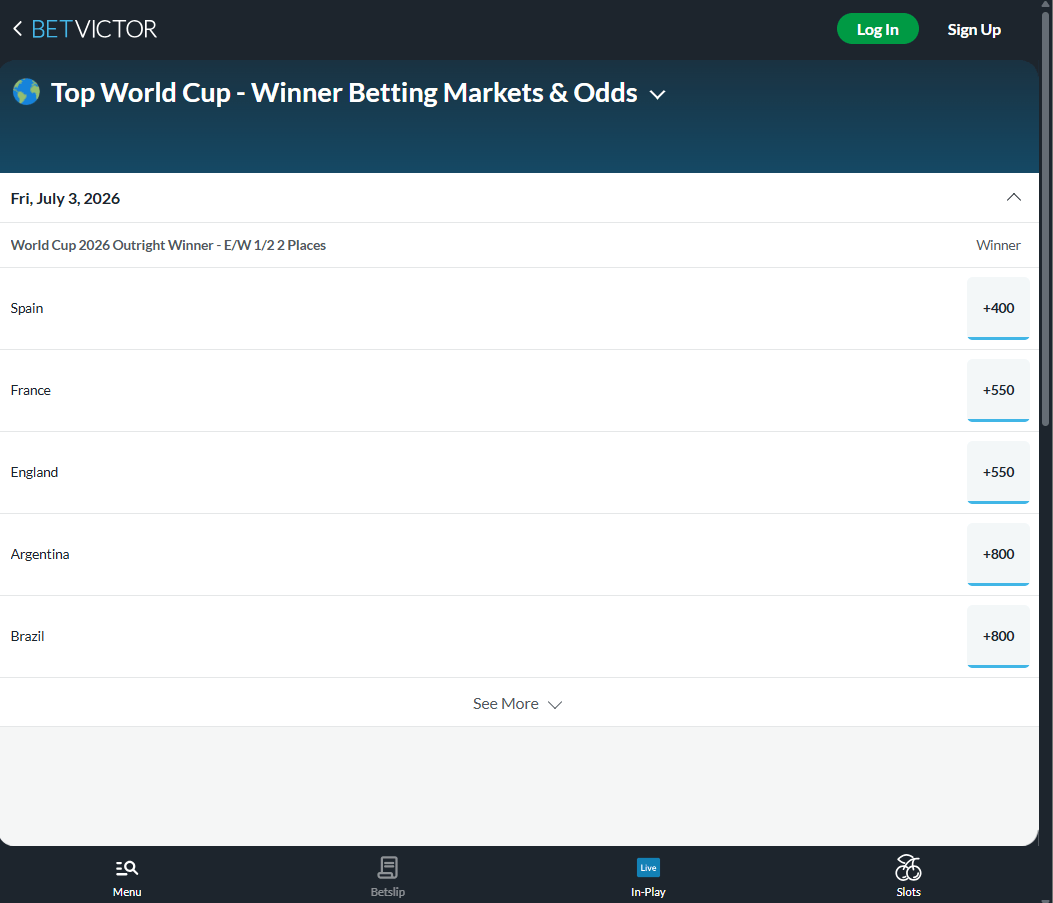 A desktop view screenshot of BetVictor's FIFA World Cup betting page.