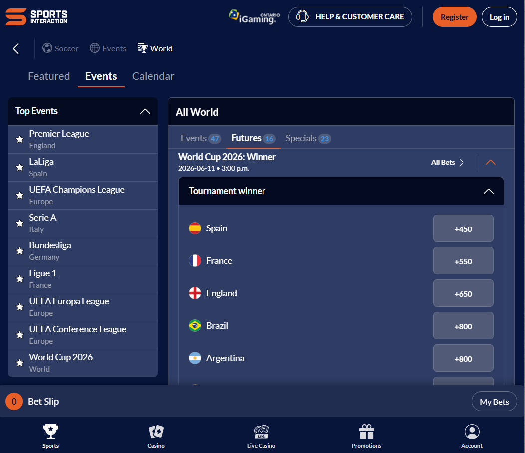 A desktop view screenshot of Sports Interaction's FIFA World Cup betting page