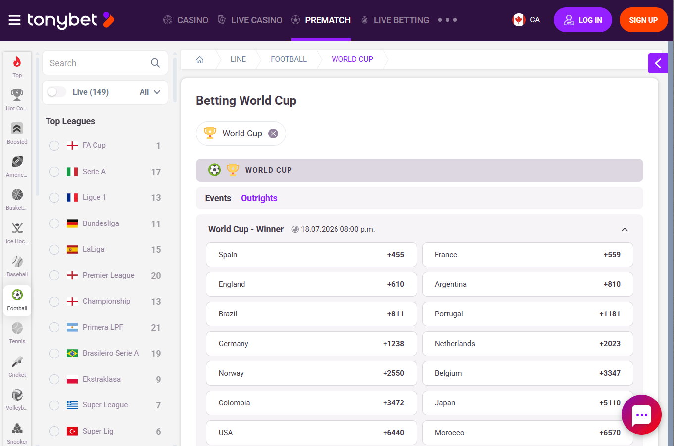A desktop view screenshot of TonyBet's FIFA World Cup betting page.