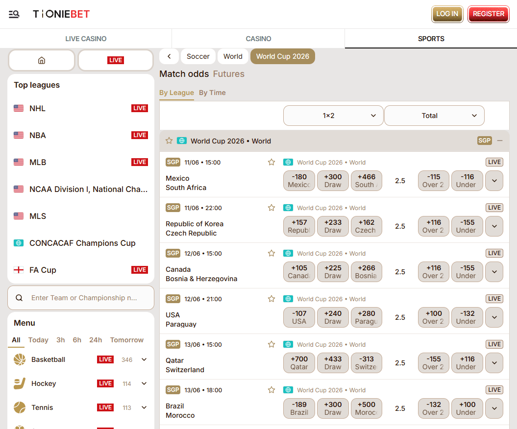 A desktop view screenshot of ToonieBet's FIFA World Cup odds.