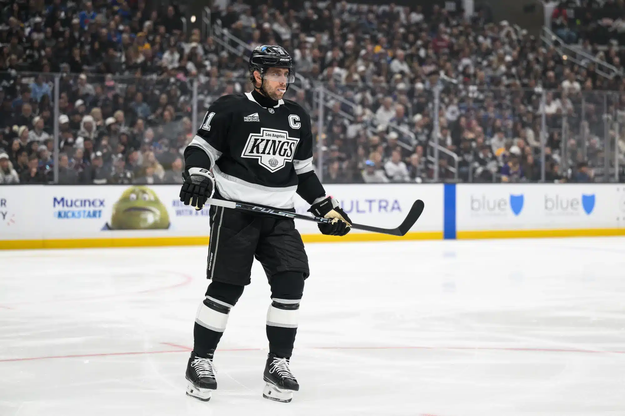 Apr 26, 2026; Los Angeles, California, USA; Los Angeles Kings center Anze Kopitar (11) looks on during the first period in game four of the first round of the 2026 Stanley Cup Playoffs against the Colorado Avalanche at Crypto.com Arena.