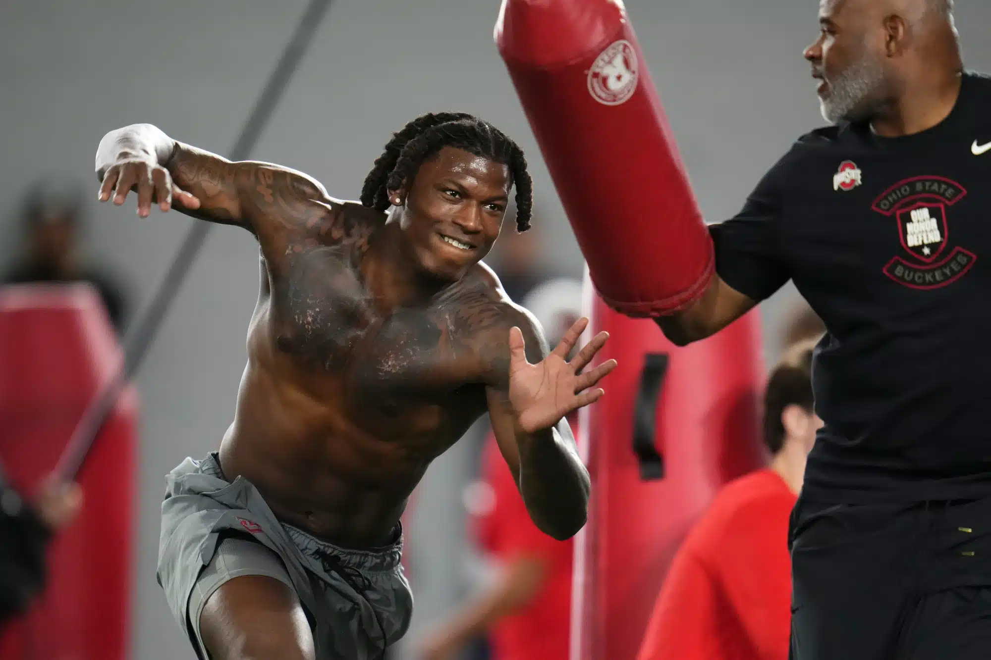 Ohio State Buckeyes linebacker Arvell Reese runs a drill during Pro Day for NFL scouts at the Woody Hayes Athletics Center on March 25, 2026.