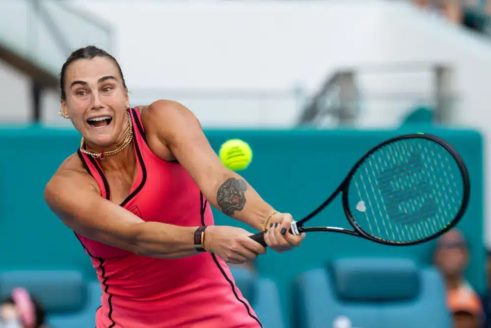 Aryna Sabalenka of Belarus hits a backhand against Coco Gauff of the United States in the final of the women’s singles at the Hard Rock Stadium. Mar 28, 2026