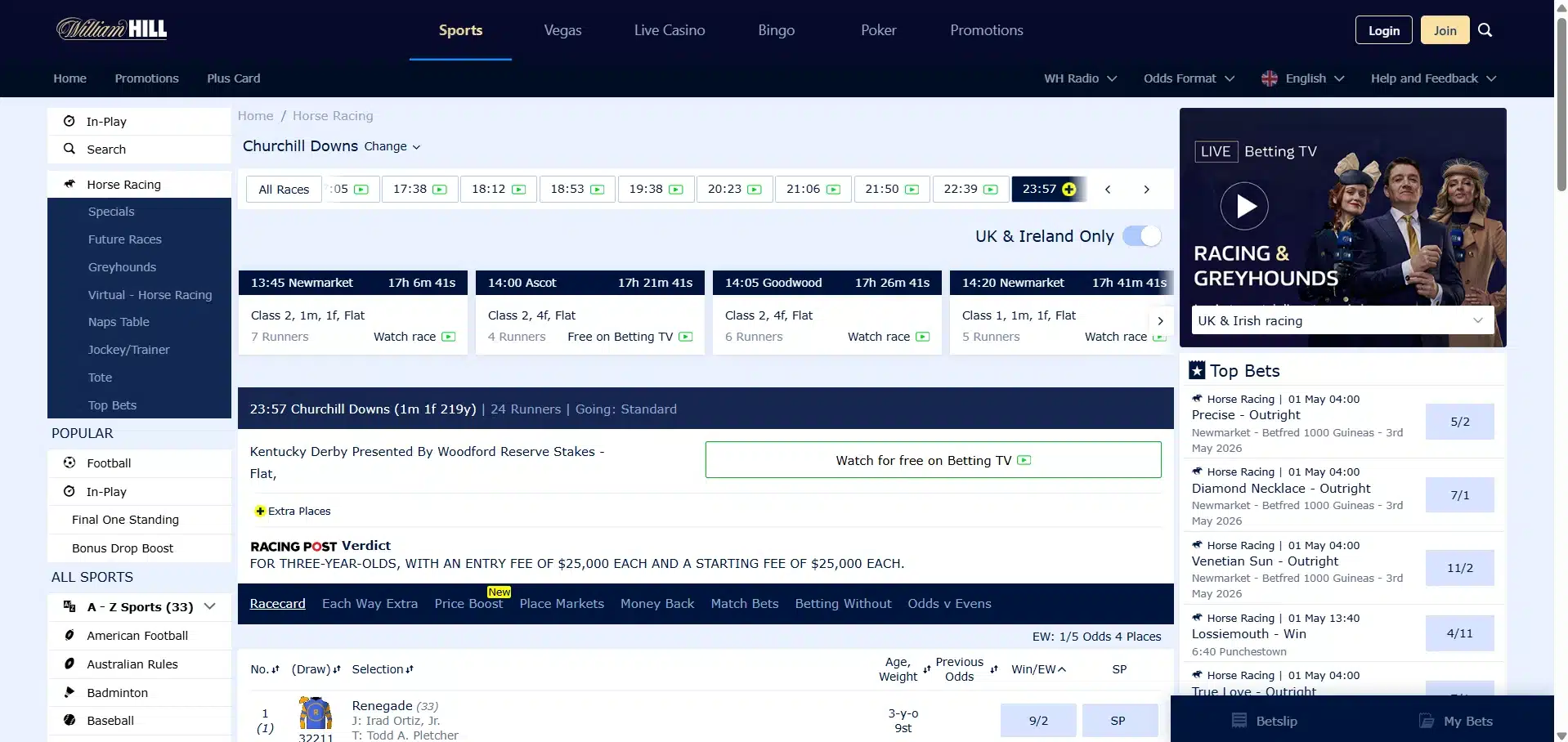 A desktop view screenshot of William Hill's Kentucky Derby betting page.