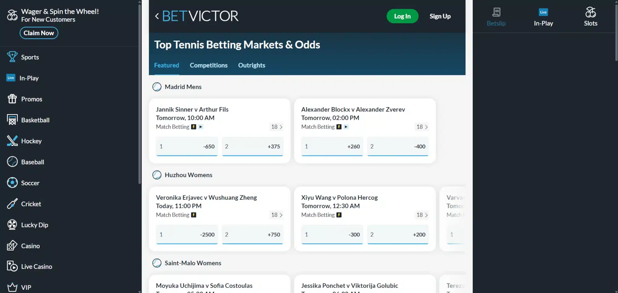 A desktop view screenshot of BetVictor's tennis betting page.