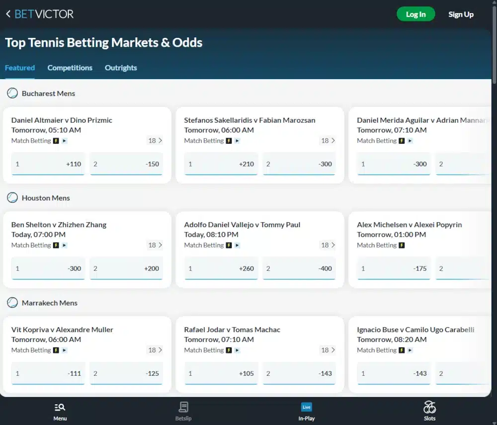 A desktop view screenshot of BetVictor's tennis betting page.