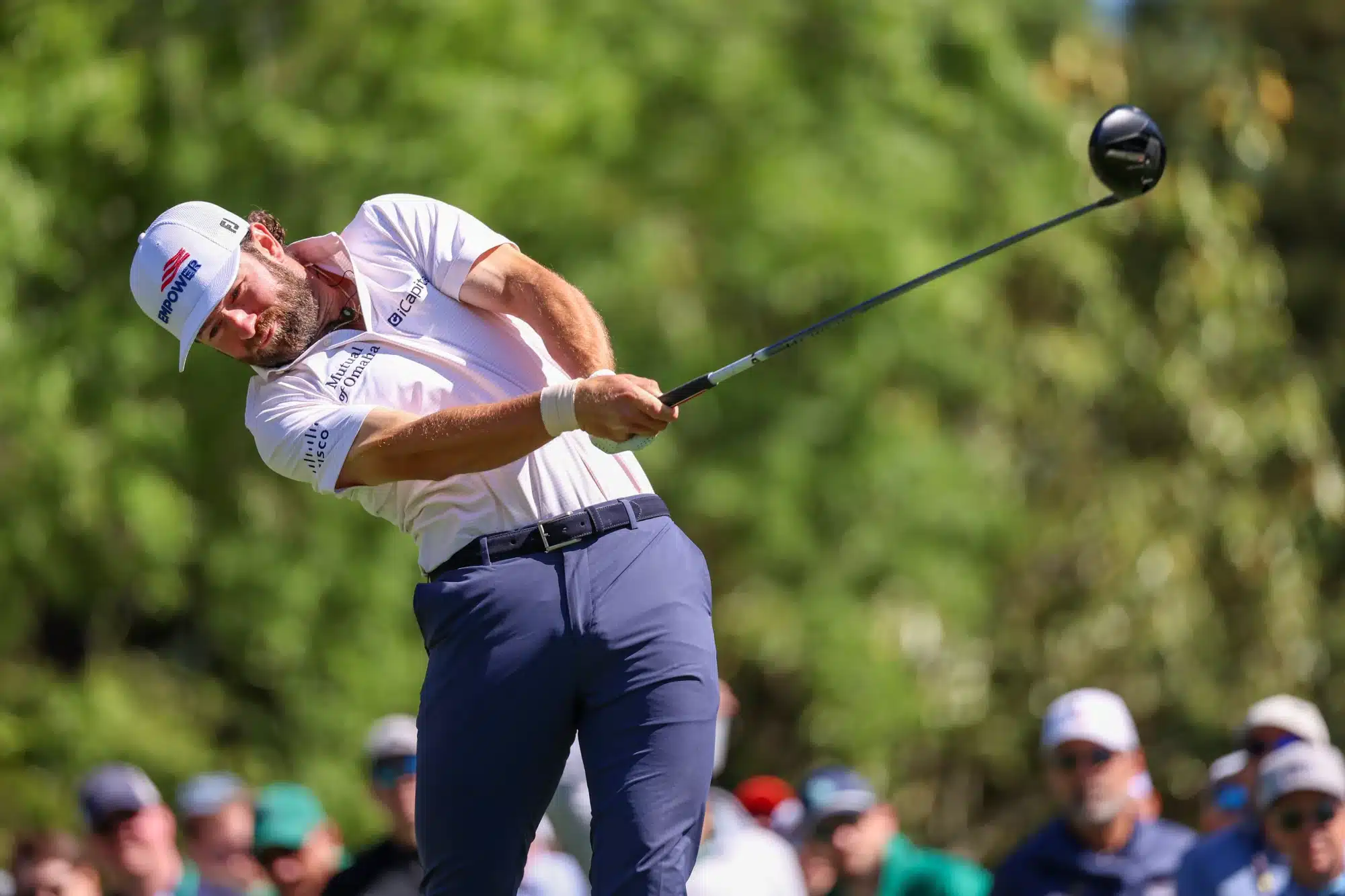 Apr 9, 2026; Augusta, Georgia, USA; Cameron Young plays his shot from the fifth tee during the first round of the Masters Tournament at Augusta National Golf Club.