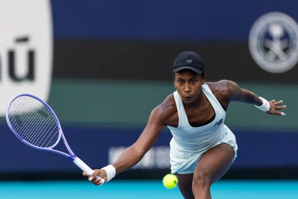 Coco Gauff of the United States hits a shot against Karolina Muchova of the Czech Republic in the semi-finals of the women’s singles at the Miami Open at the Hard Rock Stadium. Mar 28, 2026