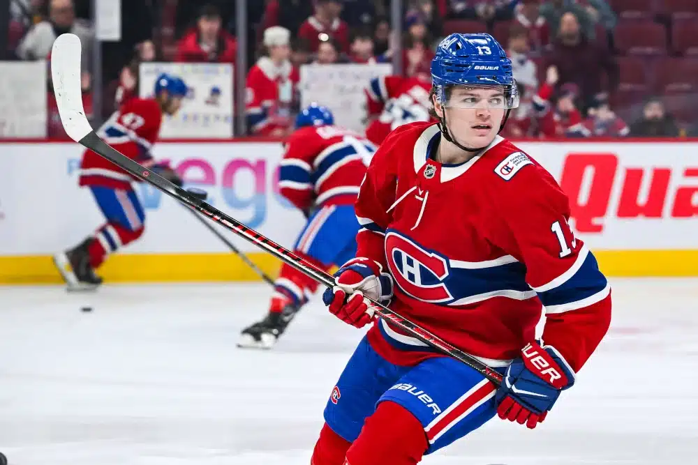 Montreal Canadiens right wing Cole Caufield (13) skating during warm-up before the game against the Boston Bruins at Bell Centre. 