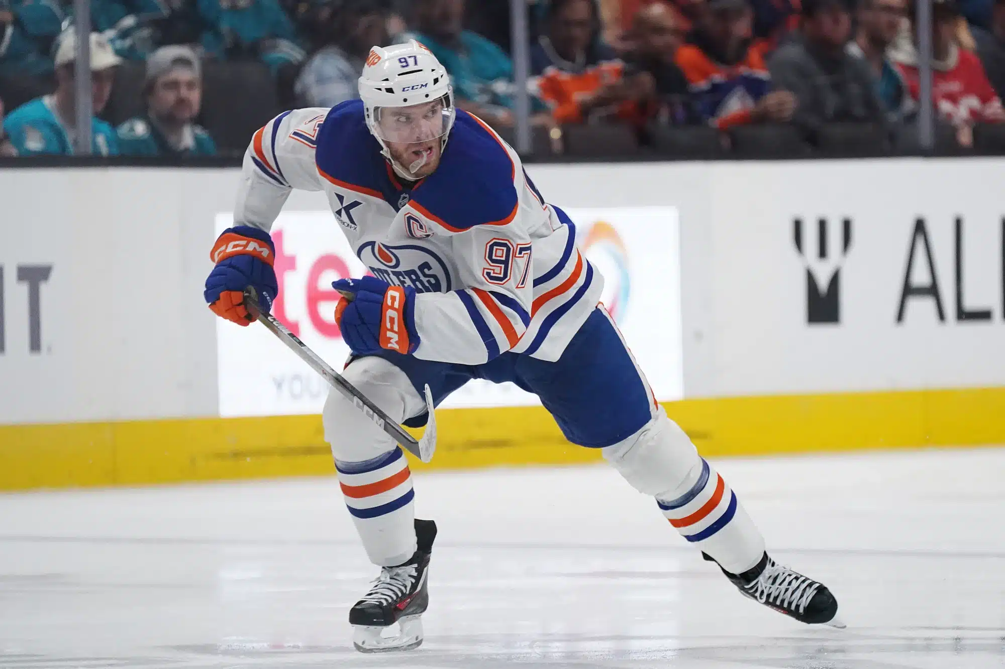 Apr 8, 2026; San Jose, California, USA; Edmonton Oilers center Connor McDavid (97) looks for the puck during a game against the San Jose Sharks in the second period at SAP Center at San Jose.