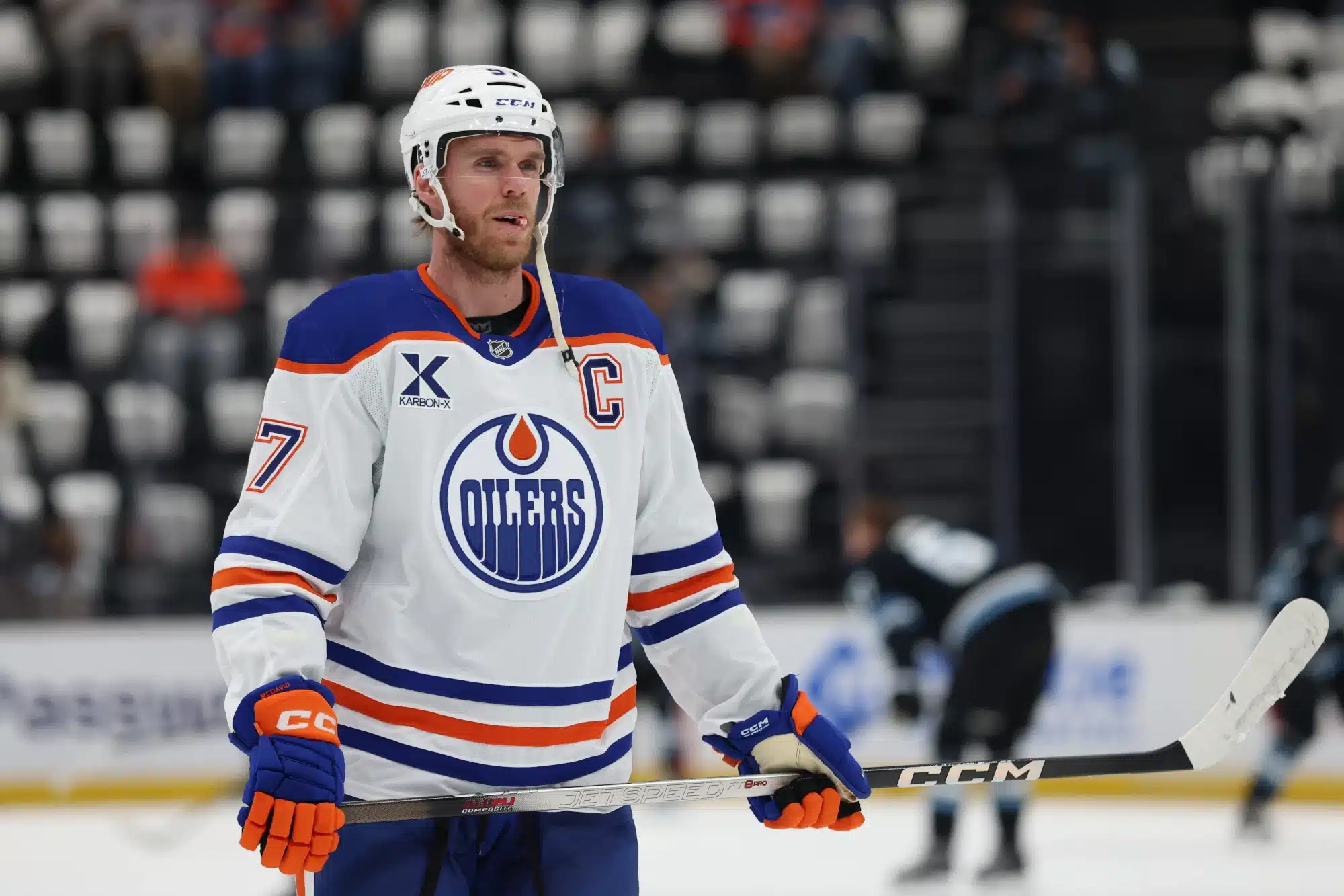 Mar 24, 2026; Salt Lake City, Utah, USA; Edmonton Oilers center Connor McDavid (97) warms up before a game against the Utah Mammoth at Delta Center.
