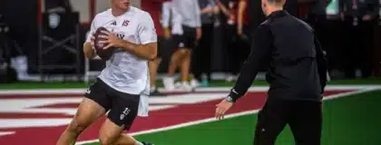 Fernando Mendoza participates in Indiana University's Pro Day at Mellencamp Pavilion on Wednesday, April 1, 2026.