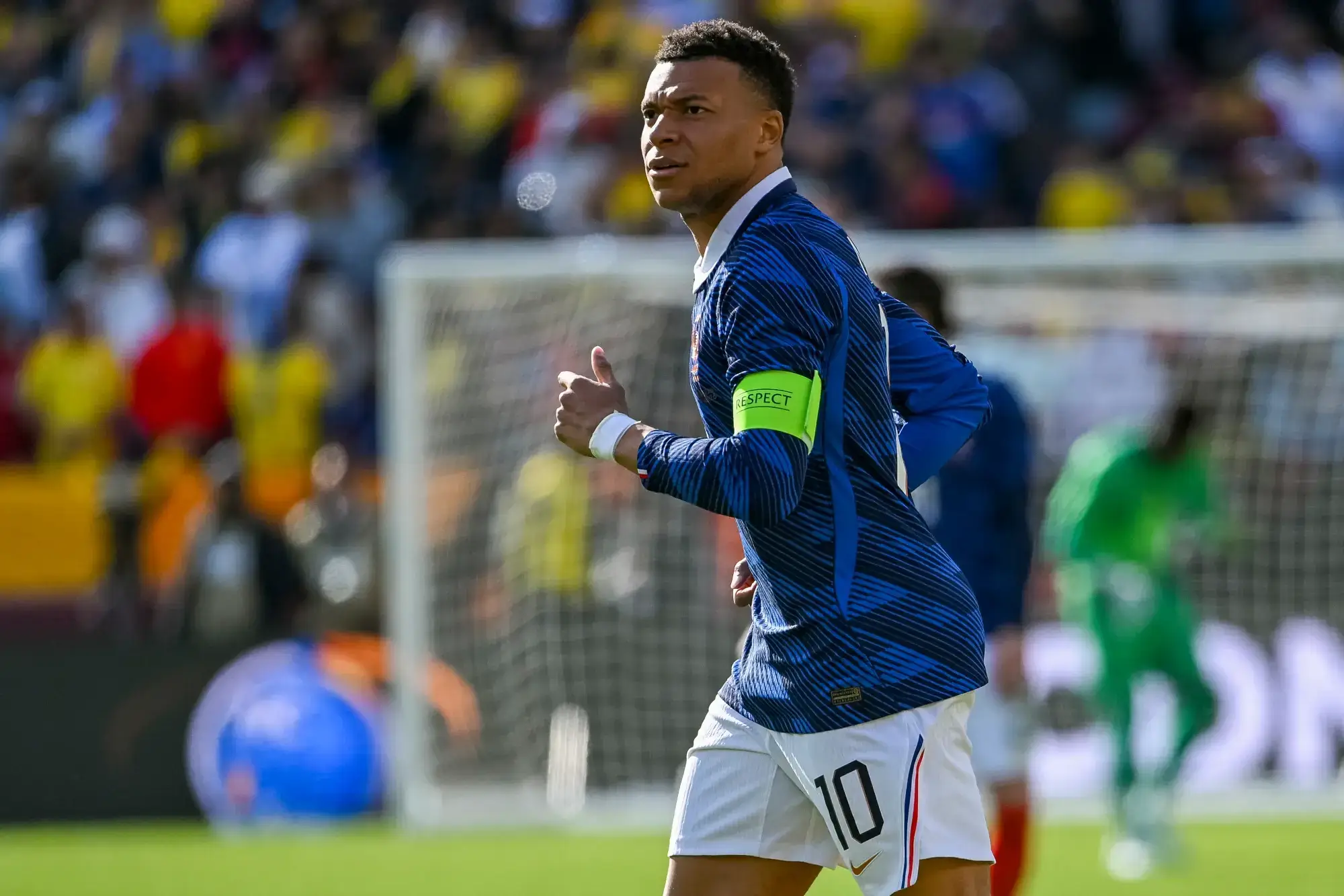 Mar 29, 2026; Landover, Maryland, USA; France forward Kylian Mbappe (10) runs across the field during the second half of an international friendly match against Colombia at Northwest Stadium.