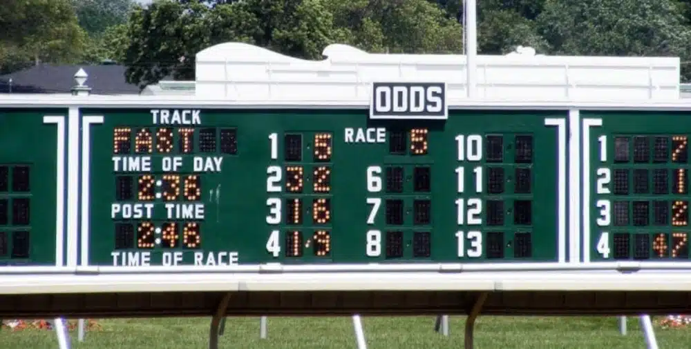 Racetrack tote board with live horse racing odds.