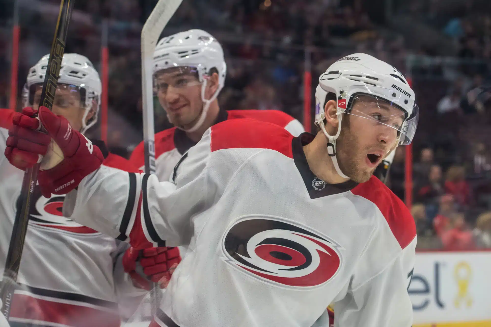Nov 1, 2016; Ottawa, Ontario, CAN; Carolina Hurricanes defenseman Jacob Slavin (74) celebrates his goal scored in the first period against the Ottawa Senators at Canadian Tire Centre.