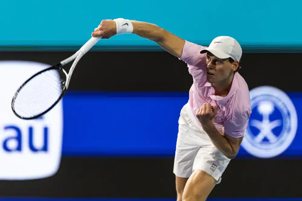 Jannik Sinner of Italy serves against Alexander Zverev of Germany in the semi-finals of the men’s singles at the Miami Open at the Hard Rock Stadium. 