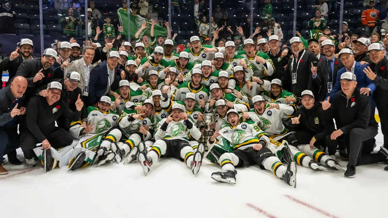 The London Knights of the OHL pose for a team photo after celebrating their victory over Medicine Hat Tigers to claim third Memorial Cup title in 2025.