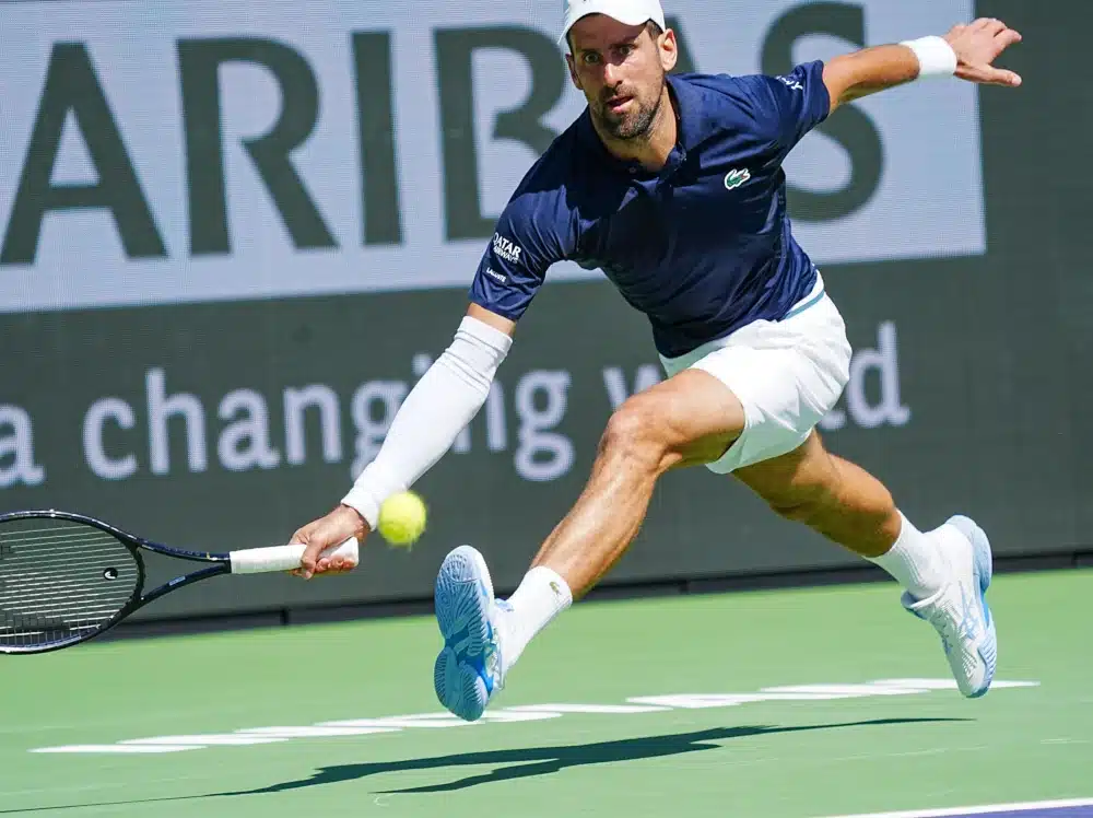 Novak Djokovic runs down a shot in his win over Aleksandar Kovacevic in round 3 of the men’s singles at the BNP Paribas Open in Indian Wells, Calif., March 9, 2026.