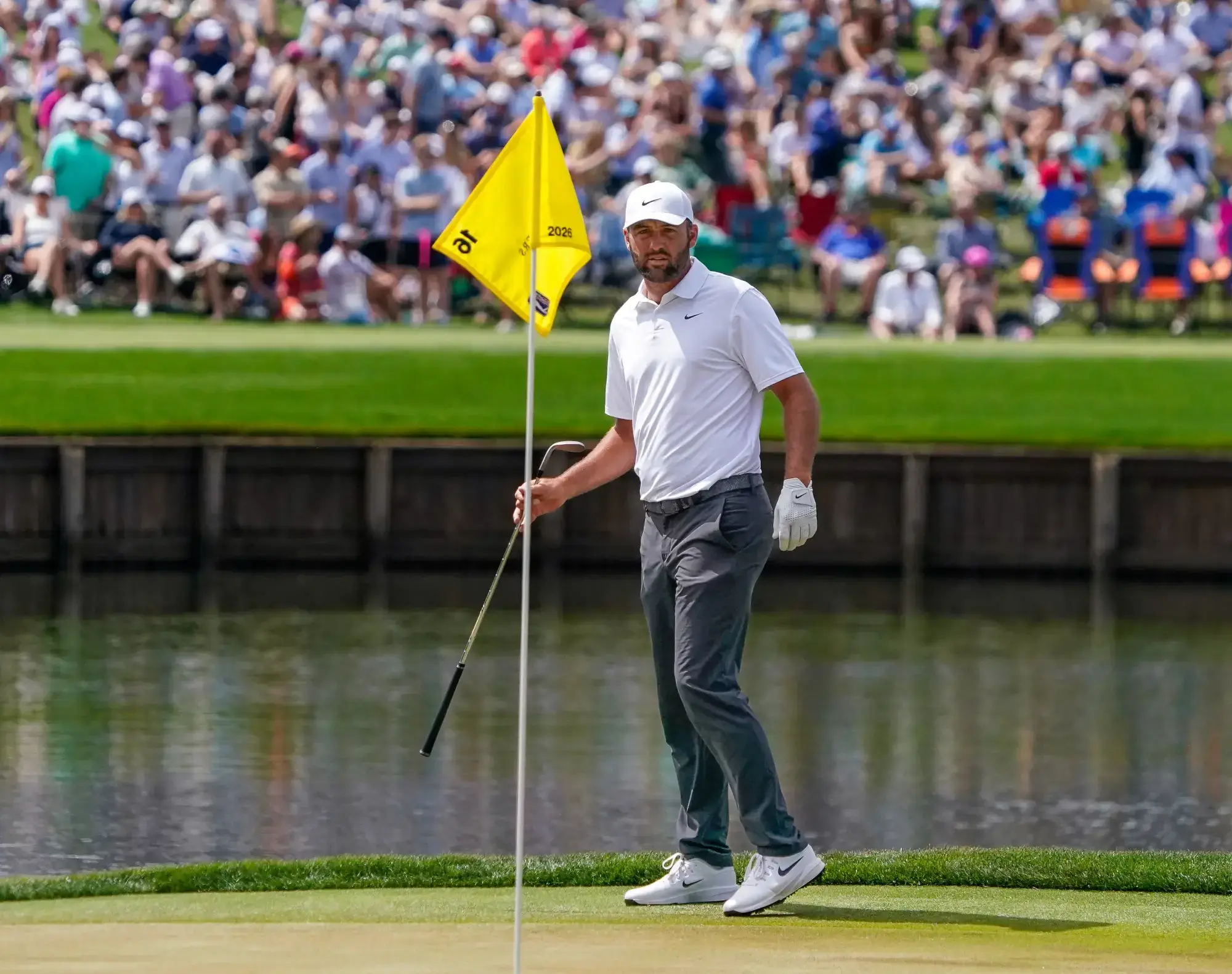 Mar 14, 2026; Ponte Vedra Beach, Florida, USA; Scottie Scheffler lines up his chip shot on the 16th hole during the third round of THE PLAYERS Championship golf tournament.