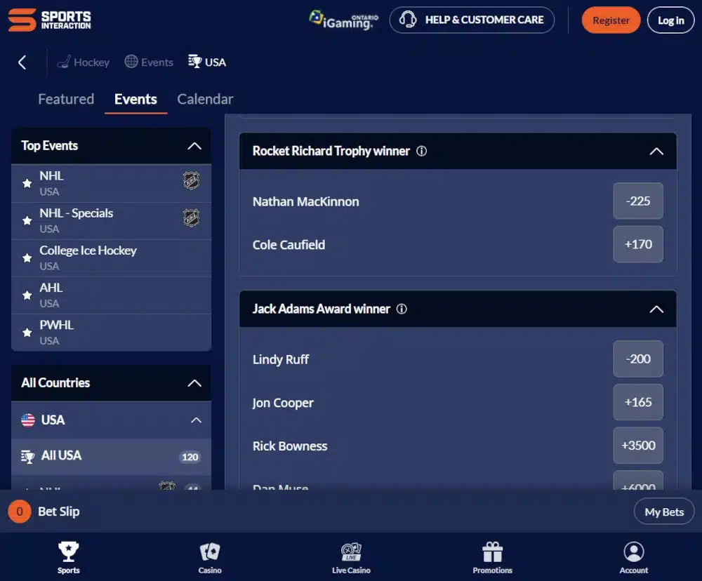A desktop screenshot of Sports Interaction's Rocket Richard odds.