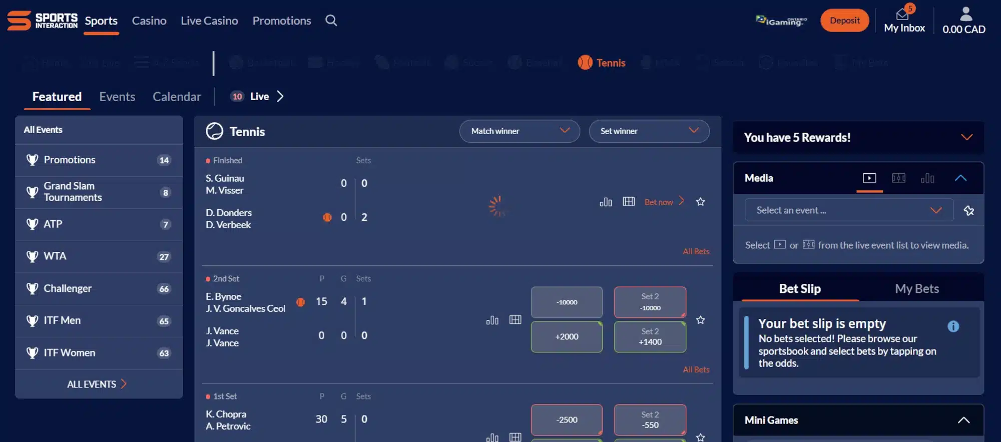 A desktop view screenshot of Sports Interaction's tennis betting page.