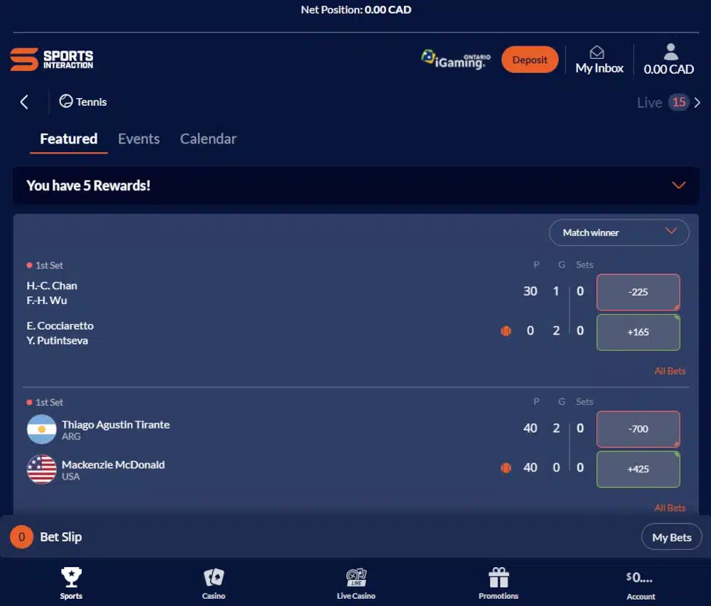 A desktop view screenshot of Sports Interaction's tennis betting page.