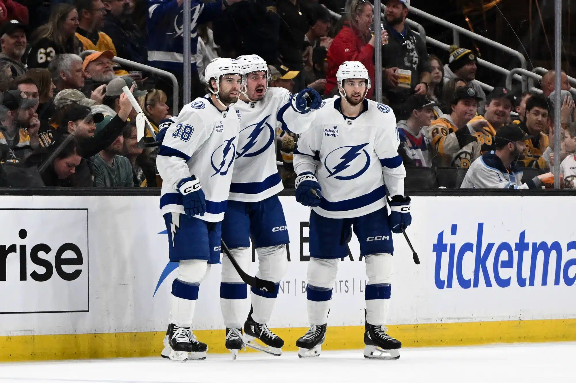 Apr 11, 2026; Boston, Massachusetts, USA; Tampa Bay Lightning left wing Brandon Hagel (38) celebrates with his teammates after scoring a goal against the Boston Bruins during the third period at the TD Garden. 