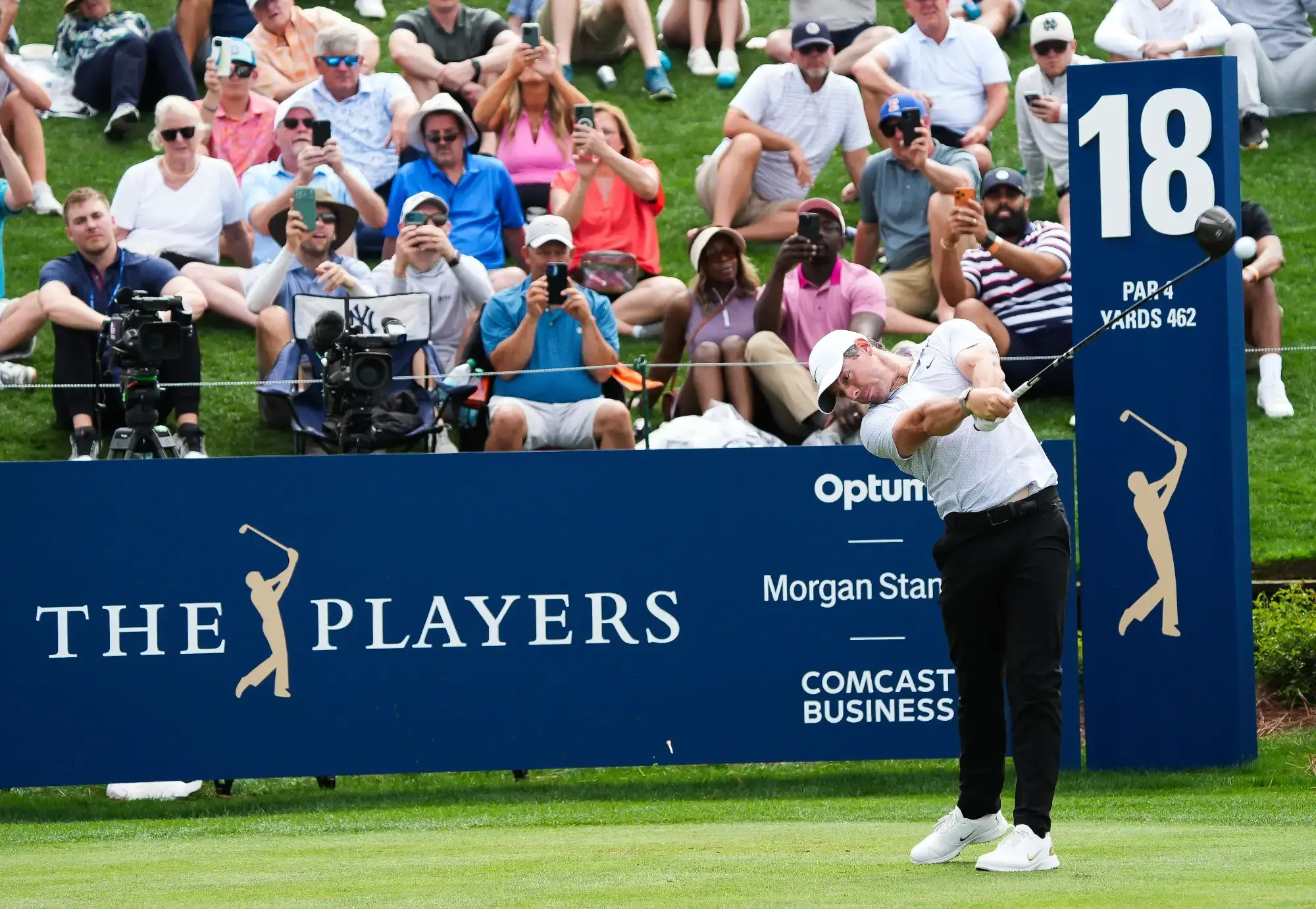 Rory McIlroy tees off on the 18th hole during the third round of The Players Championship golf tournament at TPC Sawgrass, in Ponte Vedra Beach, Fla. Saturday March 14, 2026.