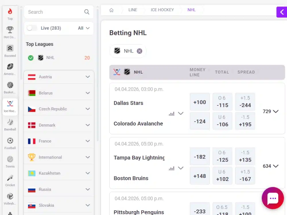 A desktop screenshot of TonyBet's NHL betting page.