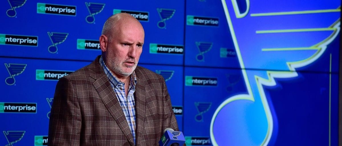 St. Louis Blues general manager Doug Armstrong talks with the media about the acquisition of defenseman Marco Scandella from the Montreal Canadians prior to a game against the New Jersey Devils at Enterprise Center