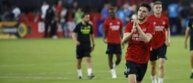 Arsenal midfielder Declan Rice (41) runs off the pitch after warmup prior to the match against MLS All-Stars in the 2023 MLS All Star Game at Audi Field.