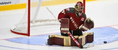 Montreal goalie Ann-Renee Desbiens (35) takes shots during warm-up before a PWHL ice hockey game against Boston at Verdun Auditorium.