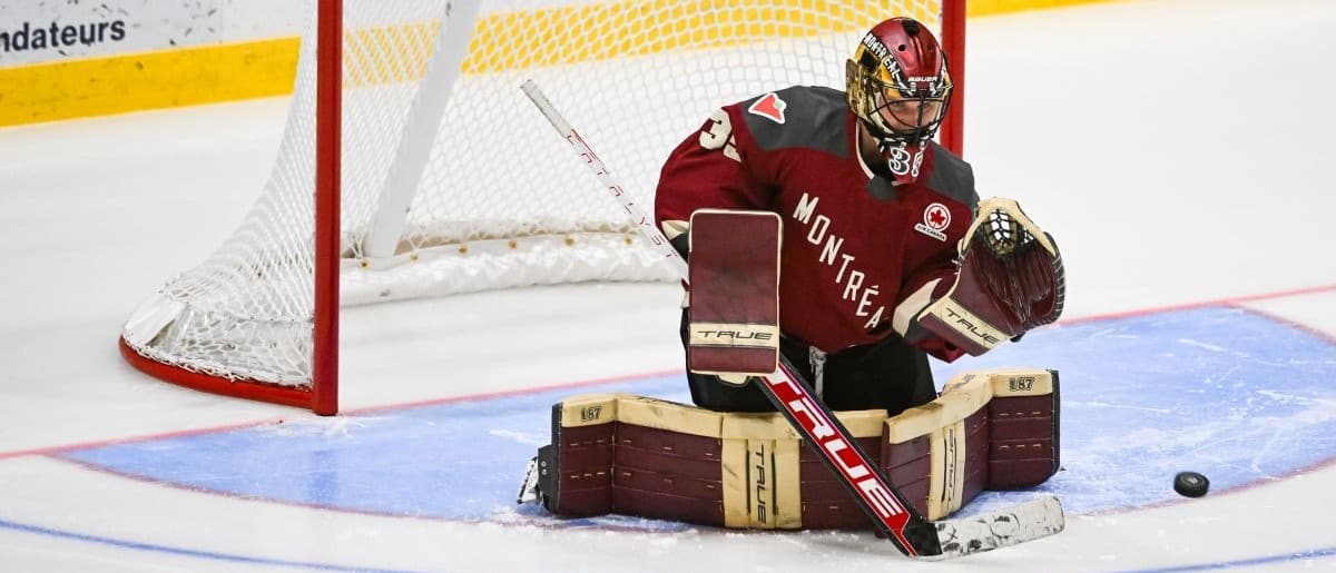 Montreal goalie Ann-Renee Desbiens (35) takes shots during warm-up before a PWHL ice hockey game against Boston at Verdun Auditorium.
