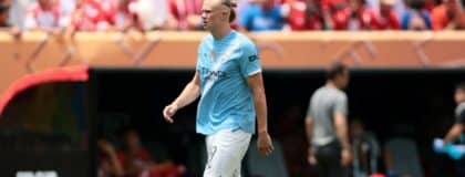 Manchester City forward Erling Haaland (9) looks on in the second half against Wydad AC during a group stage match of the 2025 FIFA Club World Cup at Lincoln Financial Field.
