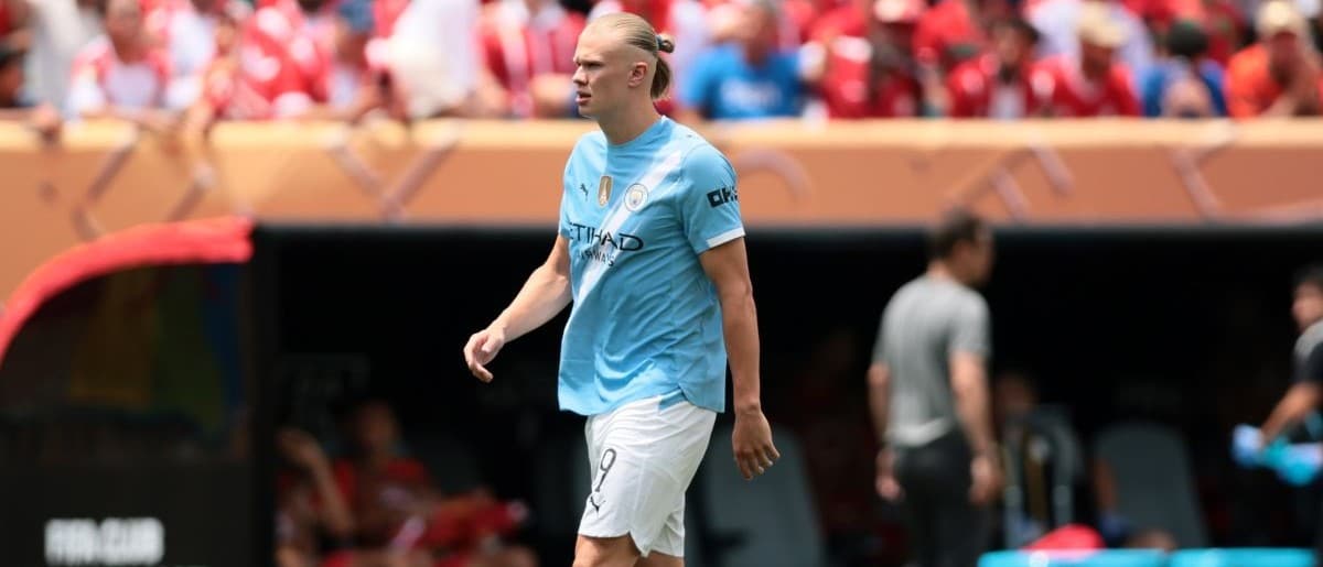 Manchester City forward Erling Haaland (9) looks on in the second half against Wydad AC during a group stage match of the 2025 FIFA Club World Cup at Lincoln Financial Field.