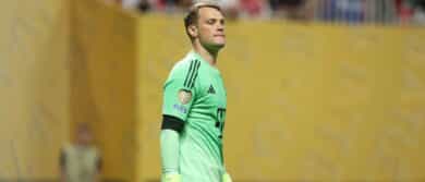 FC Bayern Munich goalkeeper Manuel Neuer (1) reacts in the first half against Paris Saint-Germain during a quarterfinal match of the 2025 FIFA Club World Cup at Mercedes-Benz Stadium.