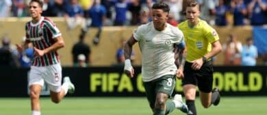Chelsea FC midfielder Enzo Fernandez (8) kicks the ball against Fluminense FC during a semifinal match of the 2025 FIFA Club World Cup at MetLife Stadium