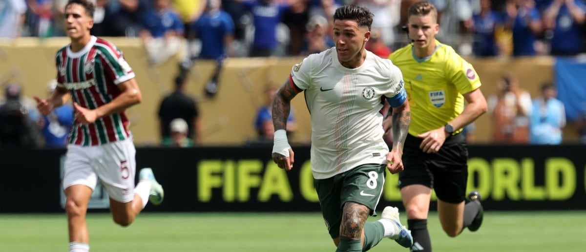 Chelsea FC midfielder Enzo Fernandez (8) kicks the ball against Fluminense FC during a semifinal match of the 2025 FIFA Club World Cup at MetLife Stadium