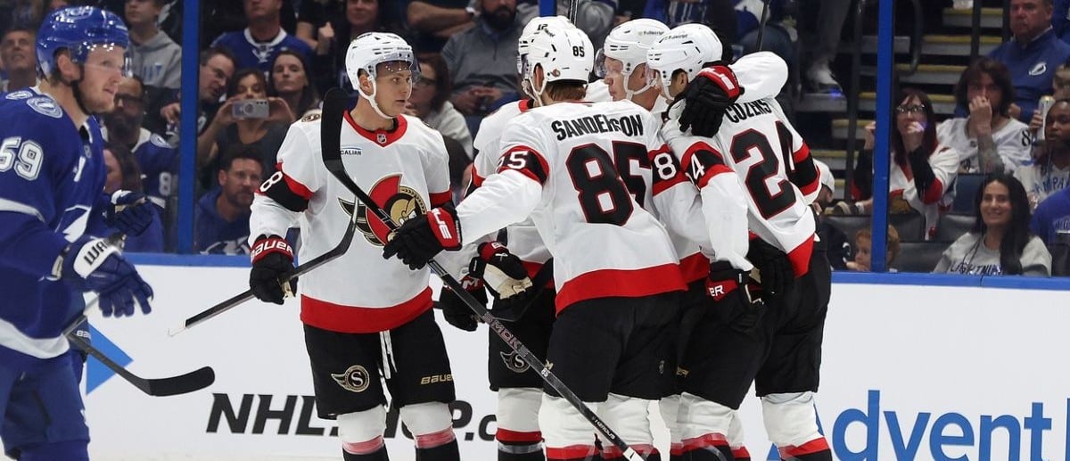 Ottawa Senators center Dylan Cozens (24) is congratulated after he scored a goal against the Tampa Bay Lightning during the first period at Benchmark International Arena.