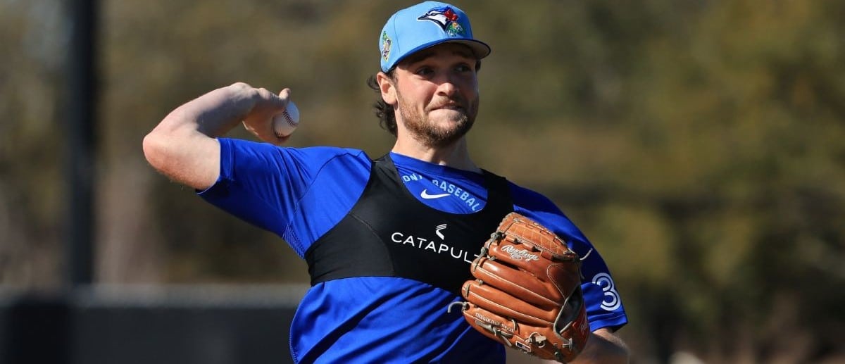 Toronto Blue Jays pitcher Trey Yesavage (39) works out during spring training practice at Player Development Complex