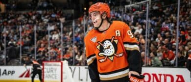 Anaheim Ducks center Leo Carlsson (91) during the second period in the match against the Calgary Flames at Honda Center.
