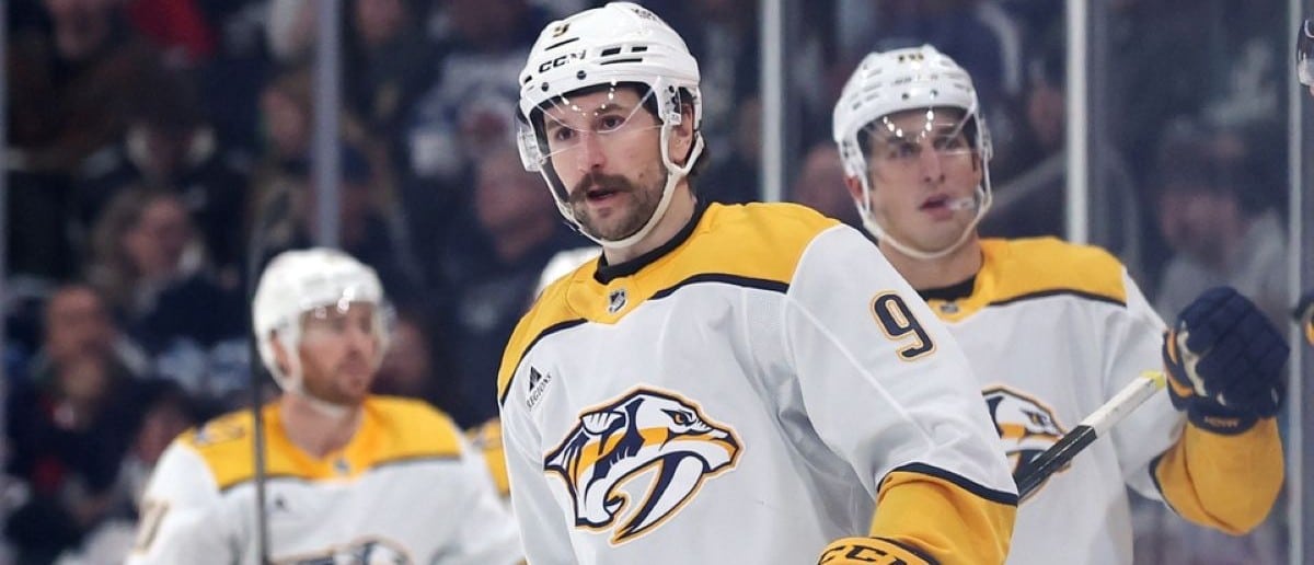 Nashville Predators left wing Filip Forsberg (9) celebrates a goal against the Winnipeg Jets in the second period at Canada Life Centre.
