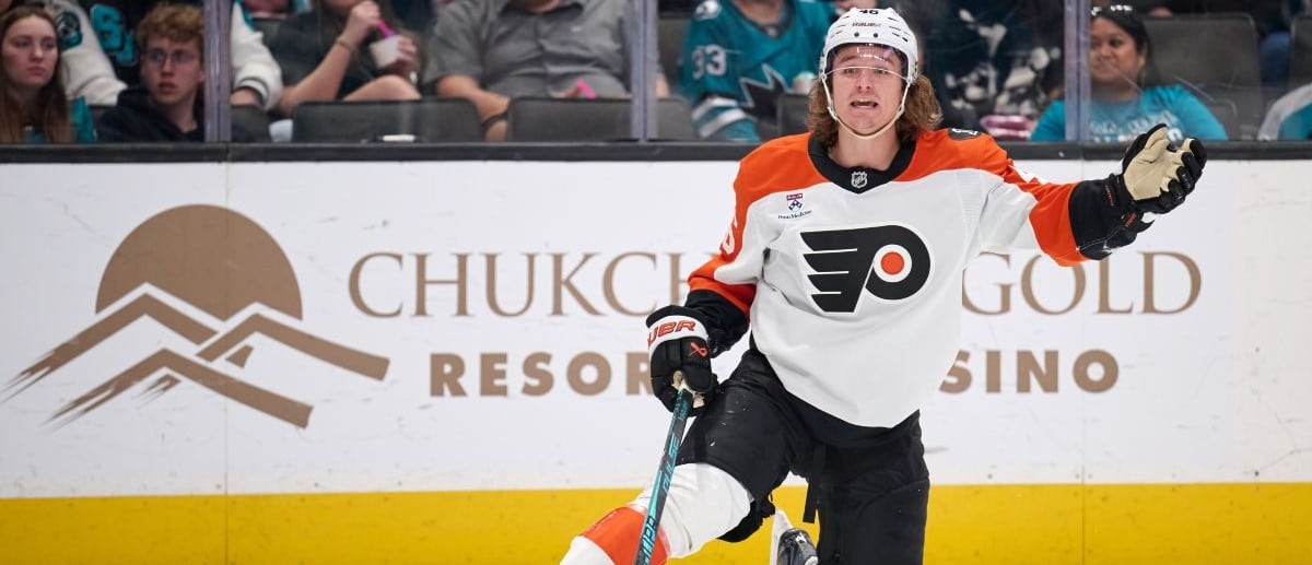 Philadelphia Flyers center Trevor Zegras (46) reacts after being called for a penalty against the San Jose Sharks during the third period at SAP Center at San Jose