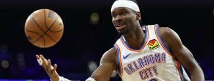 Oklahoma City Thunder guard Shai Gilgeous-Alexander (2) passes the ball against the Philadelphia 76ers during the third quarter at Xfinity Mobile Arena.